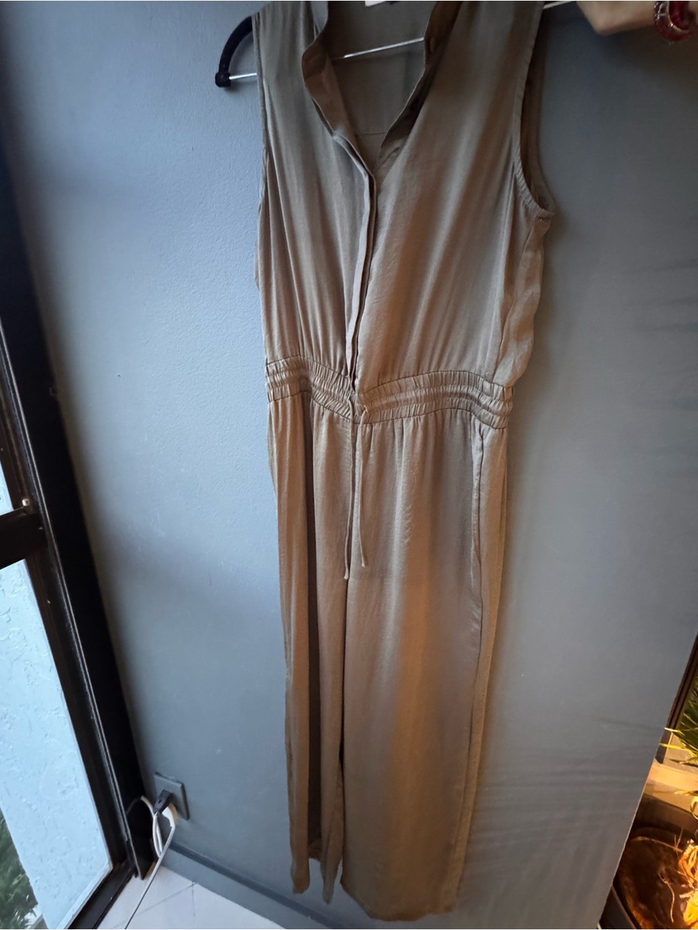 Sleeveless Taupe Wide-Leg Jumpsuit with Drawstring Waist